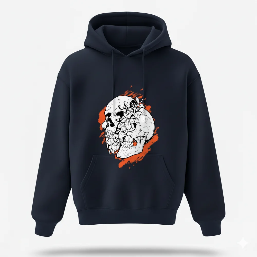 Lacivert hoodie üzerine baskılı kurukafa tasarımı — gerçek ürün mockup'ı